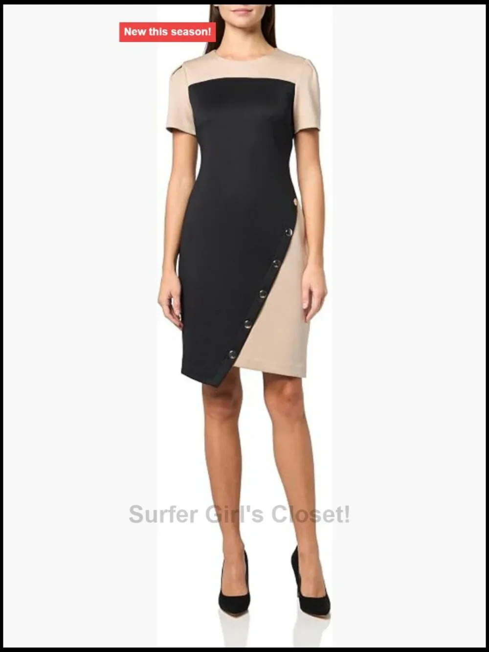 Short Sleeve Jewel Neck Colorblock Studded Asymmetrical Hem Crepe Mini Dress